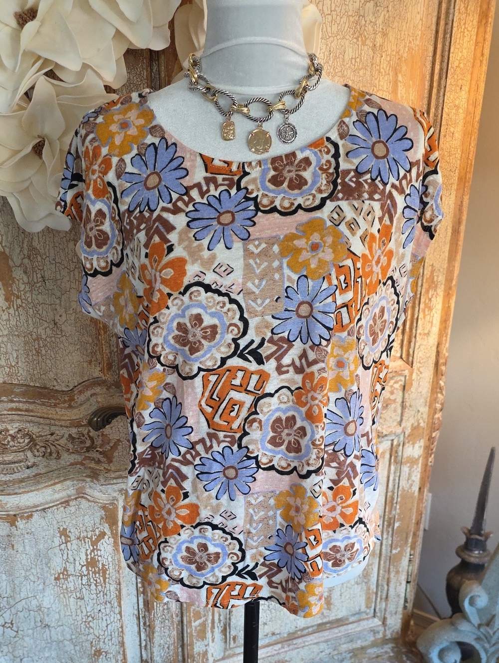 Women’s Floral Patchwork Short Sleeve Top — Multicolor 100% Linen